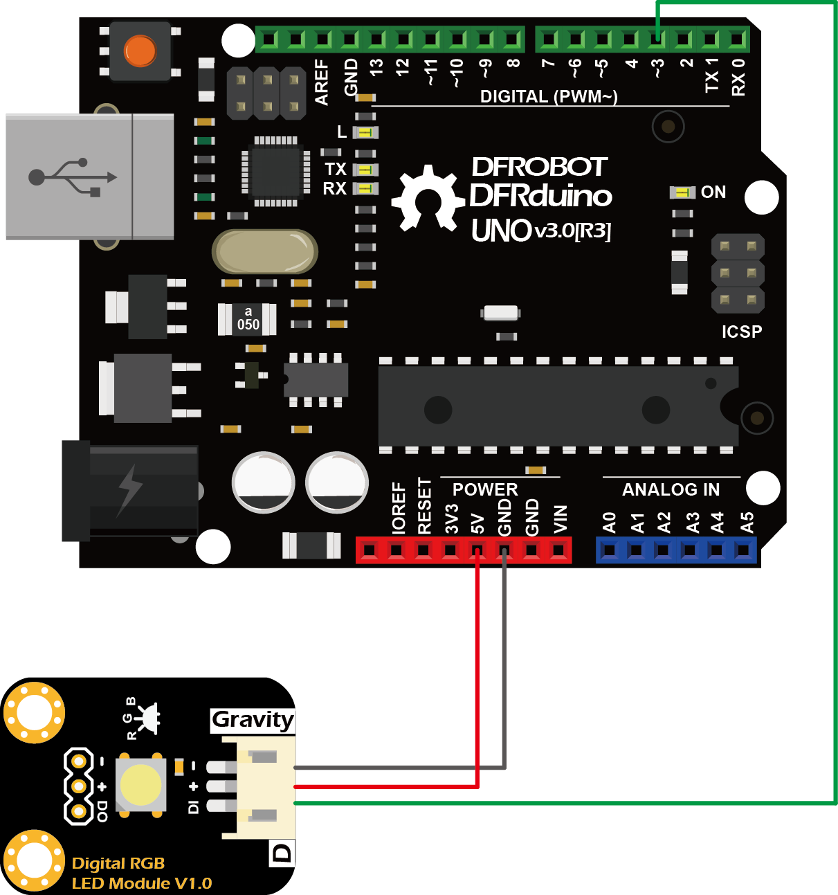 Gravity：数字RGB全彩LED模块 接线图（Arduino UNO）