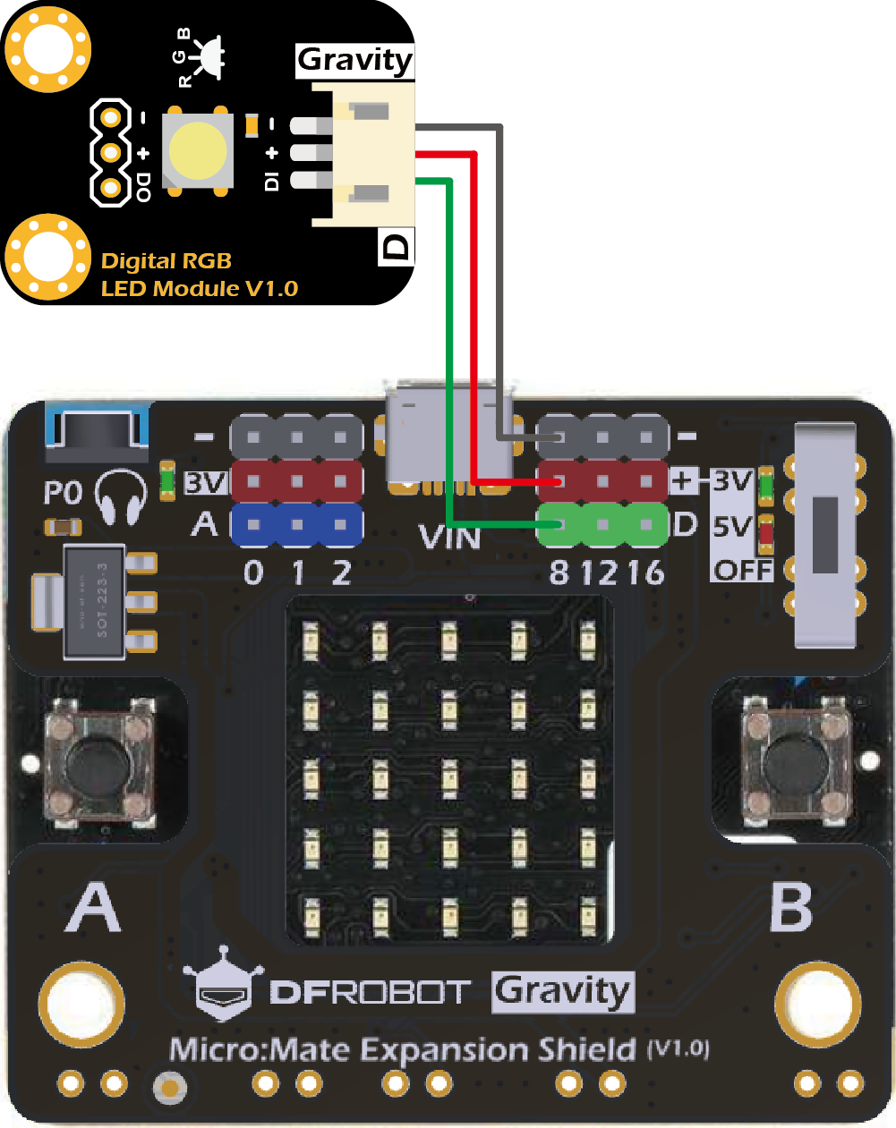 Gravity：数字RGB全彩LED模块 接线图（Micro:bit+Micro:Mate）