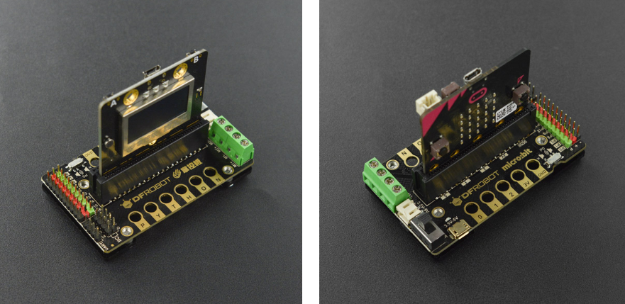 用扩展板能完全兼容micro:bit和掌控板和两种主板。正面插入掌控，反面插入micro:bit