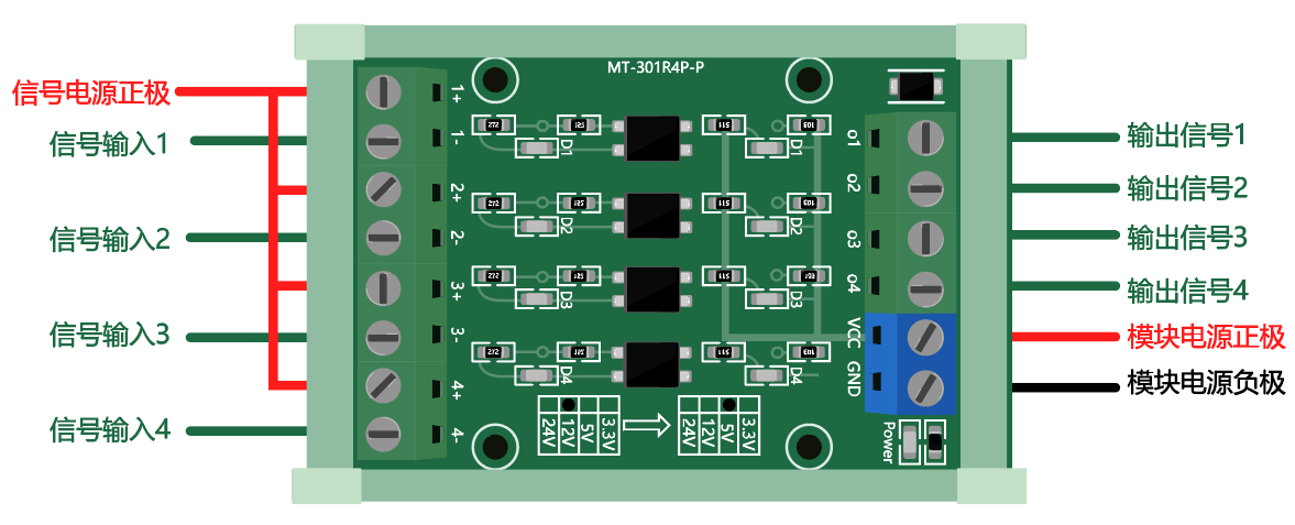 4路电平转换模块 带隔离（12V转5V）共阳极信号输入接线图