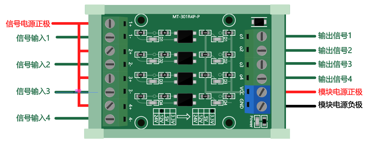 4路电平转换模块 带隔离（12V转3.3V）共阳极信号输入接线图