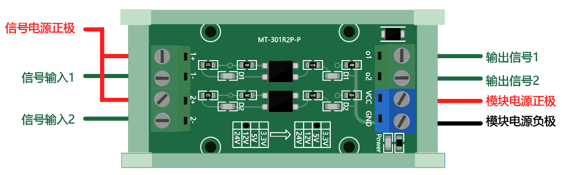 2路电平转换模块 带隔离（12V转5V）共阳极信号输入接线图